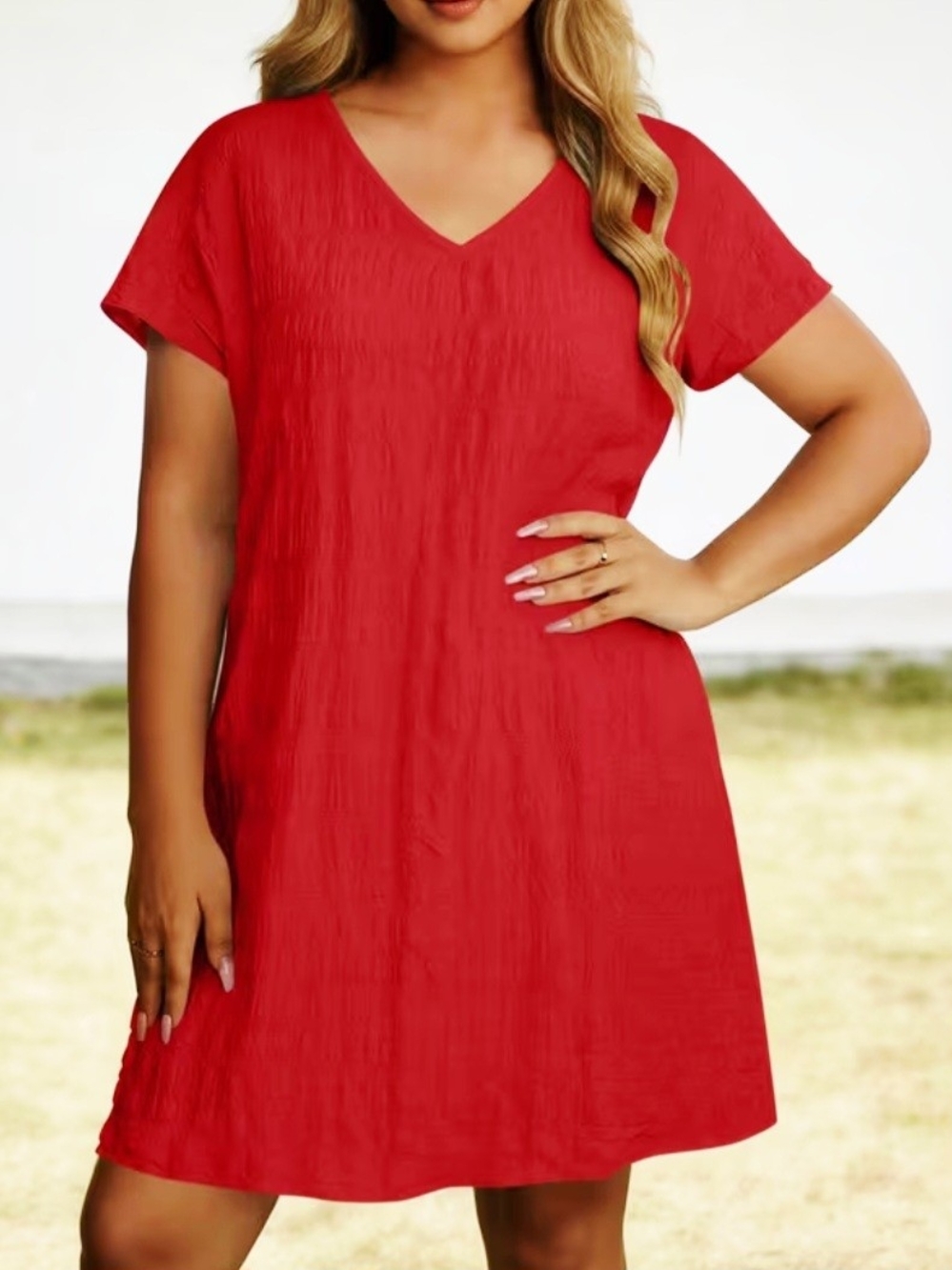 Classic Red V-Neck Mini Dress with Short Sleeves